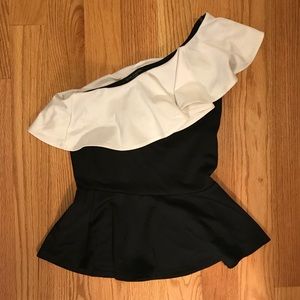 white and black off the shoulder peplum top